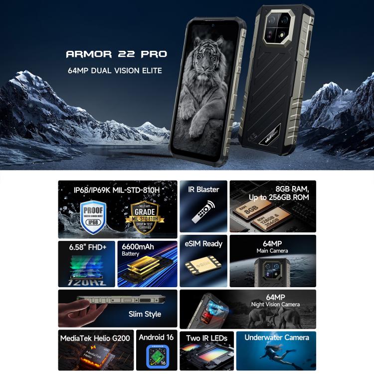Ulefone Armor 22 Pro, eSIM, 8 GB + 256 GB, 6,58 Zoll Display, Android 15, 4G, NFC, OTG