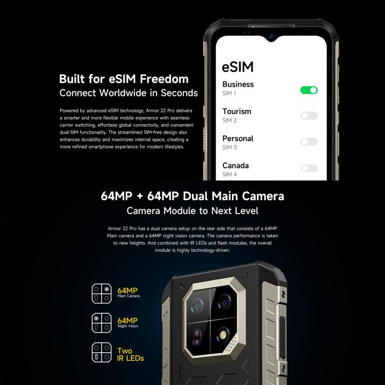 Ulefone Armor 22 Pro, eSIM, 8 GB + 256 GB, 6,58 Zoll Display, Android 15, 4G, NFC, OTG