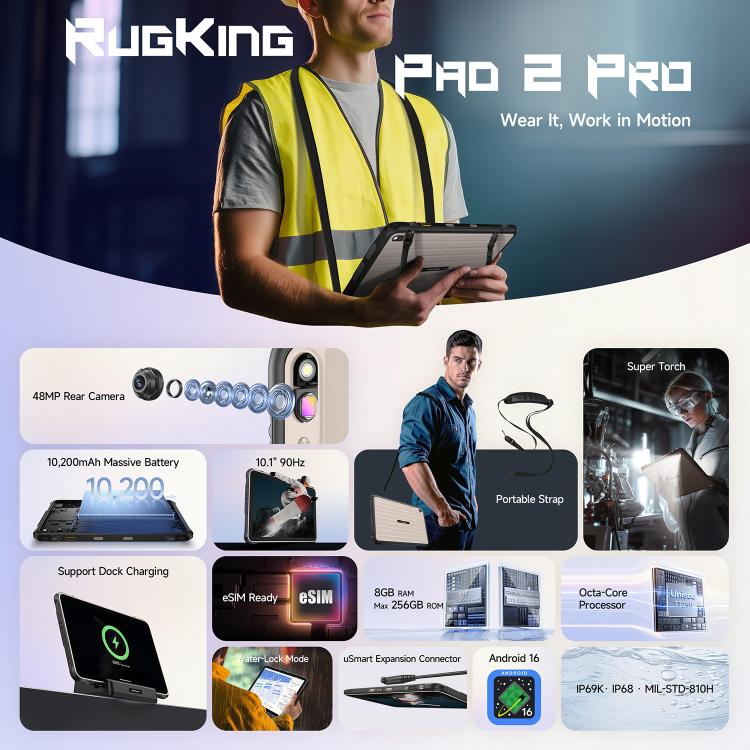 Ulefone Rugking Pad 2 Pro, 8 GB + 256 GB, 10,1 Zoll, Android 16, Unisoc T7250 Octa-Core-Prozessor, 4G