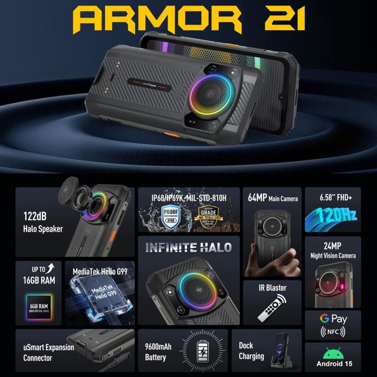 Ulefone Ulefone Armor 21, Grosser Lautsprecher, 8 GB + 256 GB, 6,58 Zoll Android 13, 4G, OTG, NFC
