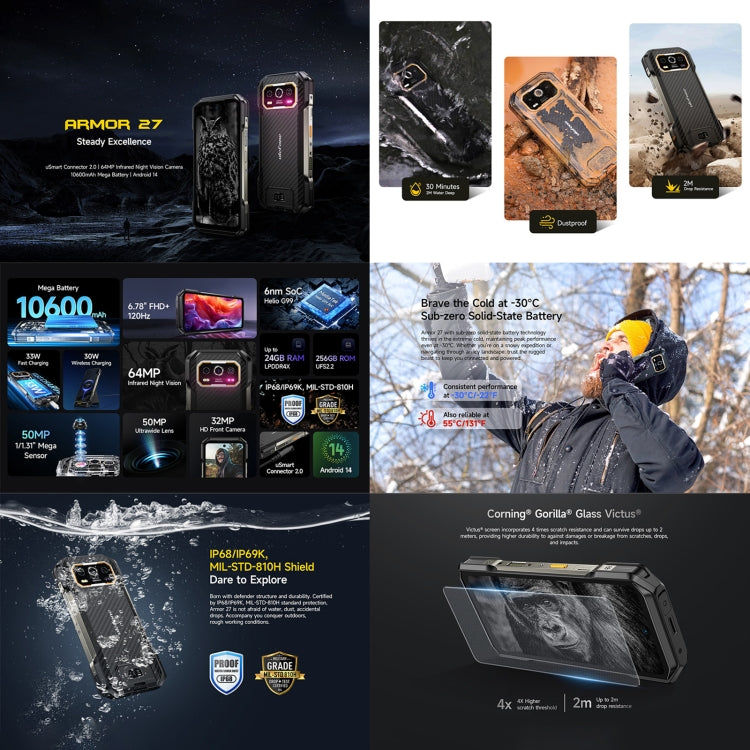 Ulefone Ulefone Armor 27, 12 GB + 256 GB, Nachtsicht, 10600 mAh, 6,78 Zoll Android 14, 4G, NFC, OTG