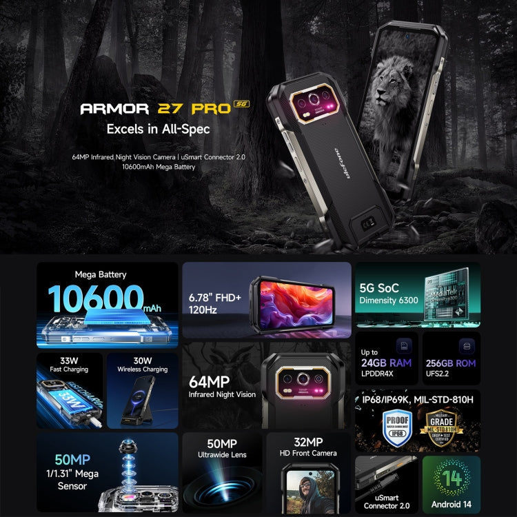 Ulefone Ulefone Armor 27 Pro, 12 GB + 256 GB, Nachtsicht, 10600 mAh, 6,78 Zoll Android 14, 5G, NFC