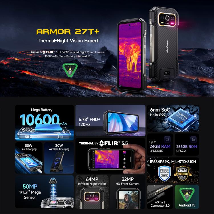 Ulefone Ulefone Armor 27T+, 12 GB + 256 GB, Wärmebildkamera, Nachtsicht, 10600mAh Akku, 6,78 Zoll Display, Android 14, 4G, NFC, OTG