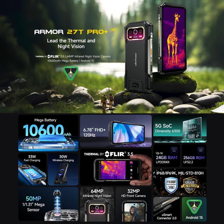 Ulefone Ulefone Armor 27T Pro+, FLIR 3.5 Wärmebildkamera, 12 GB RAM + 256 GB, Nachtsichtfunktion, 10600mAh Akku, 6,78 Zoll Display, Android 15, 5G, NFC