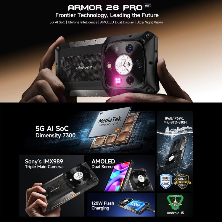Ulefone Ulefone Armor 28 Pro – Robustes Smartphone, 16 GB + 512 GB, Nachtsichtfunktion, 10600 mAh Akku, 6,67 Zoll + 1,04 Zoll Display, Android 15, MediaTek Dimensity 7300 Octa-Core-Prozessor, 5G, NFC