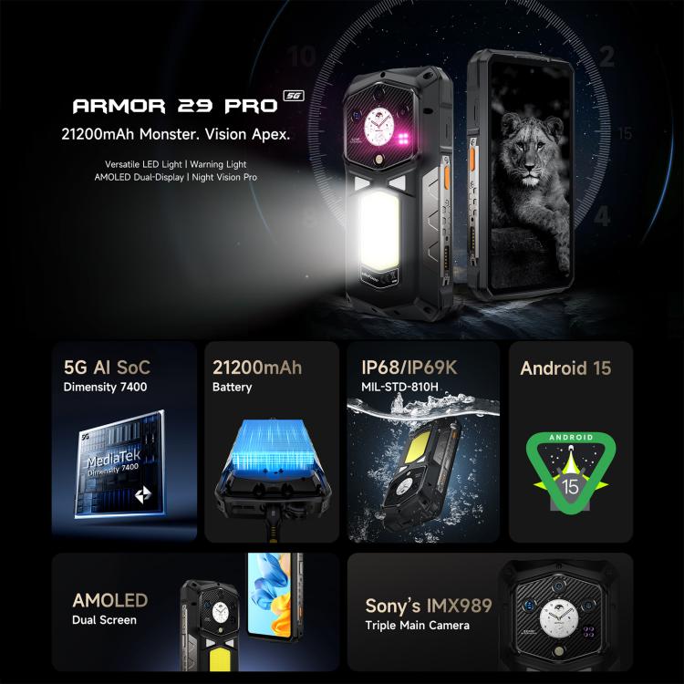 Ulefone Ulefone Armor 29 Pro, 16 GB + 512 GB, Nachtsichtfunktion, 6,67 Zoll + 1,04 Zoll Display, Android 15, 5G, OTG, NFC