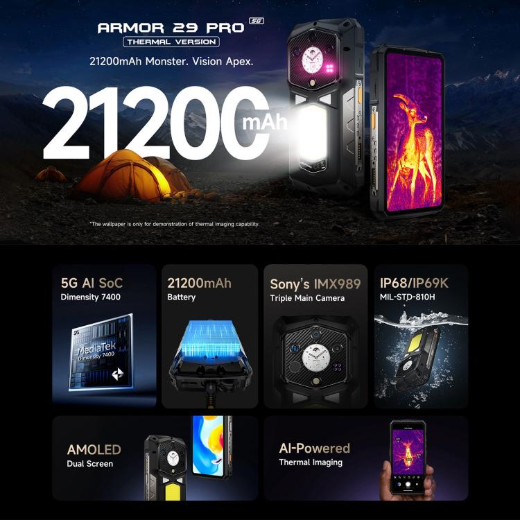 Ulefone Ulefone Armor 29 Pro Thermal, 16 GB + 512 GB, Nachtsicht, 6,67 Zoll + 1,04 Zoll Display, Android 15, 5G, OTG, NFC
