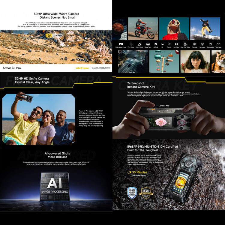 Ulefone Ulefone Armor 30 Pro Robustes Telefon, 16 GB + 512 GB, Nachtsicht, 6,95 Zoll + 3,4 Zoll Dual-Screen Android 14 MediaTek Dimensity 7300X Octa Core, Netzwerk: 5G, OTG, NFC, Armor 30 Pro