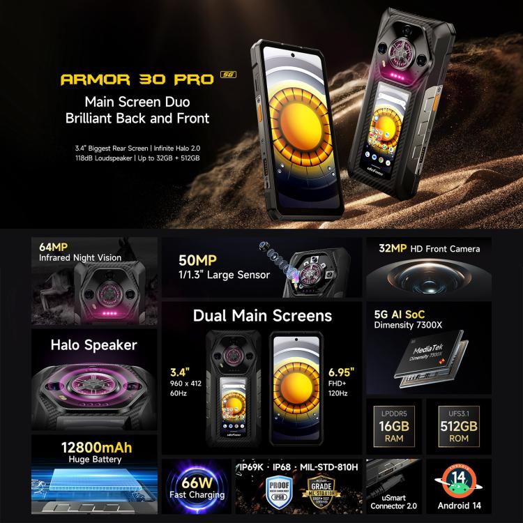 Ulefone Ulefone Armor 30 Pro Robustes Telefon, 16 GB + 512 GB, Nachtsicht, 6,95 Zoll + 3,4 Zoll Dual-Screen Android 14 MediaTek Dimensity 7300X Octa Core, Netzwerk: 5G, OTG, NFC, Armor 30 Pro