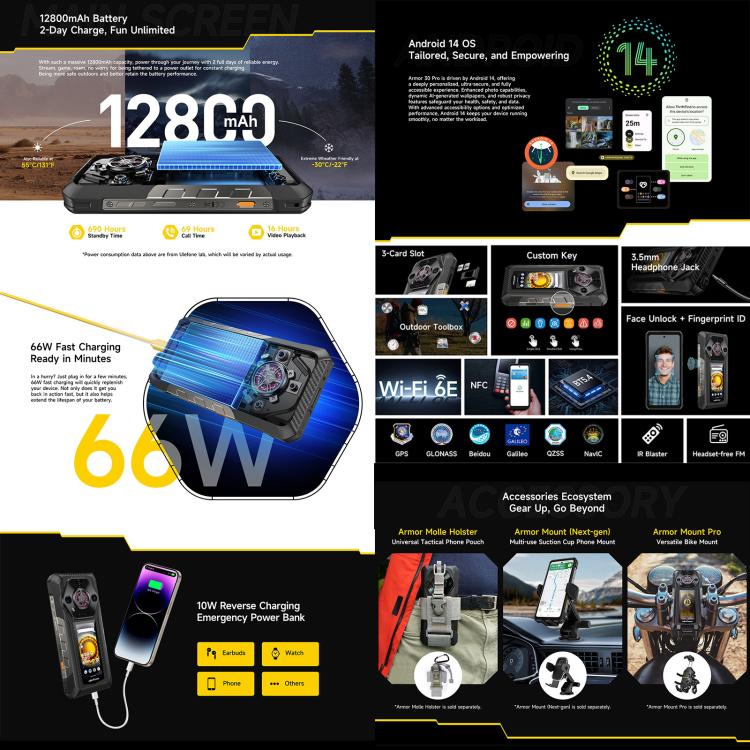 Ulefone Ulefone Armor 30 Pro Robustes Telefon, 16 GB + 512 GB, Nachtsicht, 6,95 Zoll + 3,4 Zoll Dual-Screen Android 14 MediaTek Dimensity 7300X Octa Core, Netzwerk: 5G, OTG, NFC, Armor 30 Pro