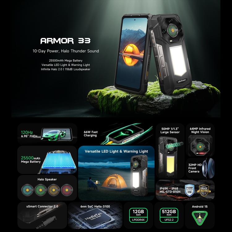 Ulefone Ulefone Armor 33, 12 GB + 512 GB, 6,95 Zoll, Android 15, 4G, OTG, NFC, LED-Beleuchtung