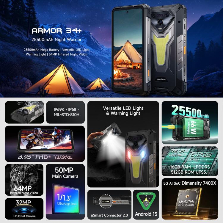 Ulefone Ulefone Armor 34+, 16 GB + 512 GB, Nachtsicht, (IP68/IP69K), 6,95 Zoll, Android 15, 5G, NFC, OTG