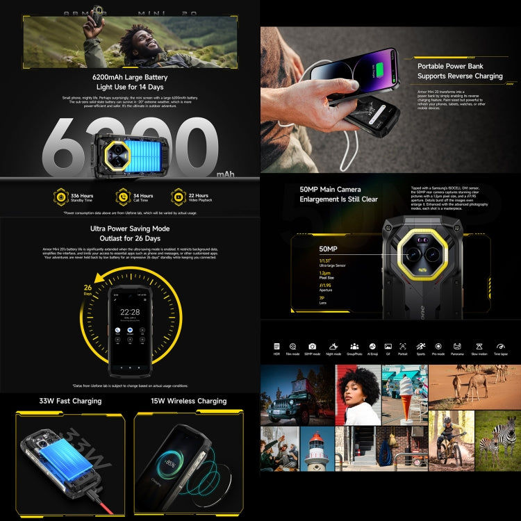 Ulefone Ulefone Armor Mini 20, Nachtsicht, 8 GB + 256 GB, IP68/IP69K, 4,7 Zoll Android 14 MediaTek Dimensity 6300 Octa Core, Netzwerk: 4G, NFC, OTG