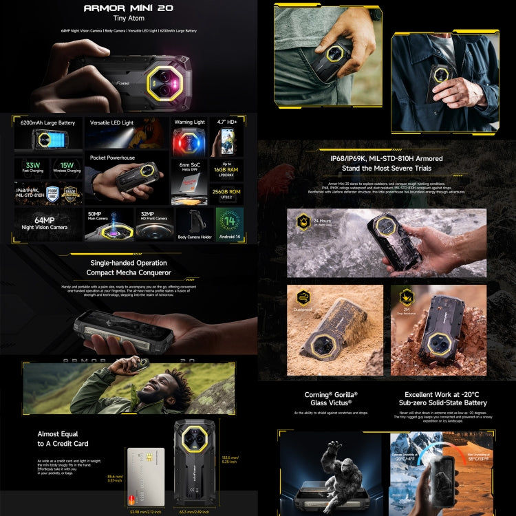 Ulefone Ulefone Armor Mini 20, Nachtsicht, 8 GB + 256 GB, IP68/IP69K, 4,7 Zoll Android 14 MediaTek Dimensity 6300 Octa Core, Netzwerk: 4G, NFC, OTG