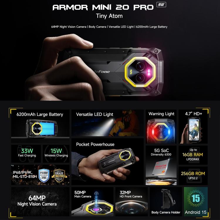 Ulefone Ulefone Armor Mini 20 Pro, 8 GB + 256 GB, IP68/IP69K, 4,7 Zoll Android 14 MediaTek Dimensity 6300 5G Octa Core, Netzwerk: 5G, NFC, OTG