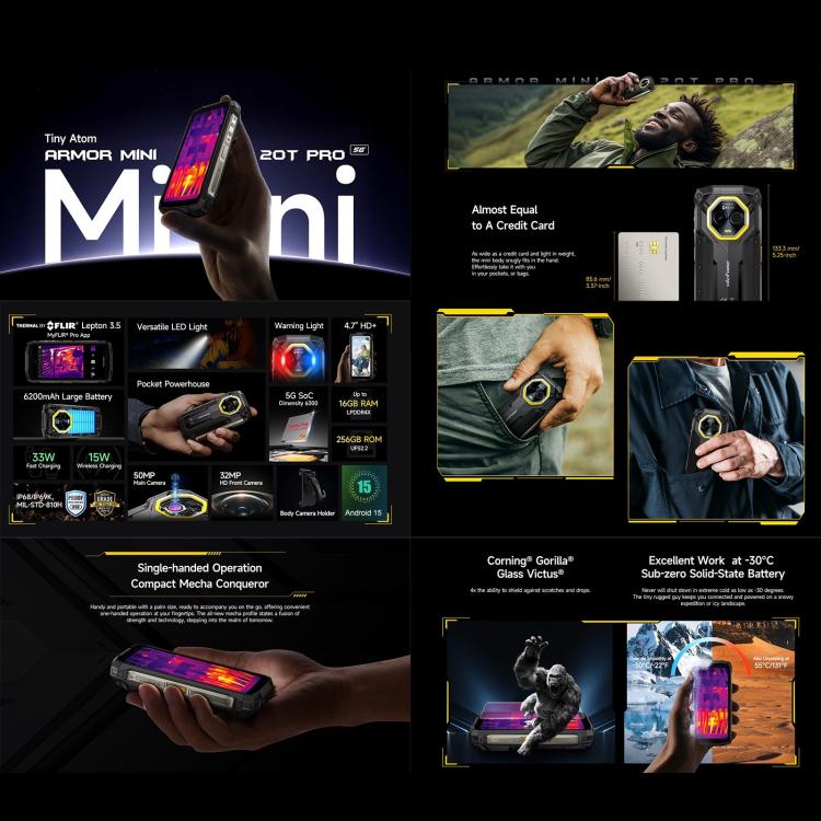 Ulefone Ulefone Armor Mini 20T Pro, Wärmebildgebung, 8 GB + 256 GB, IP68/IP69K, 4,7 Zoll Android 14 MediaTek Dimensity 6300 5G Octa Core, Netzwerk: 5G, NFC, OTG