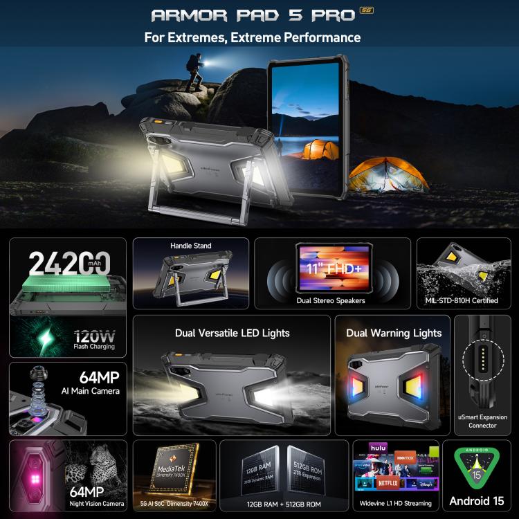Ulefone Ulefone Armor Pad 5 Pro, 12 GB + 512 GB, 11 Zoll, Android 15, MediaTek Dimensity 7400X Octa-Core-Prozessor, 5G
