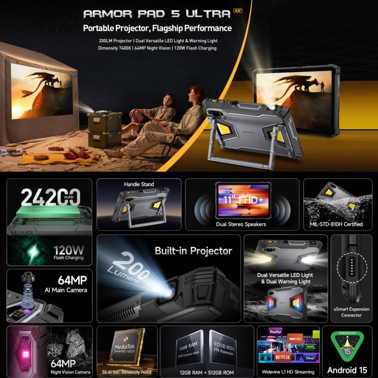 Ulefone Ulefone Armor Pad 5 Ultra, 12 GB + 512 GB, 11 Zoll, Android 15, integrierter Projektor, 5G
