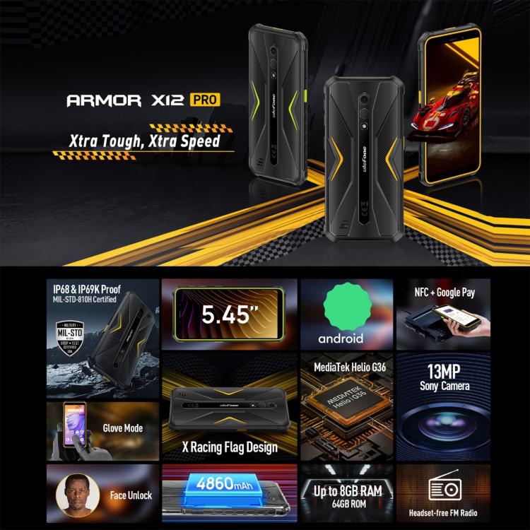 Ulefone Ulefone Armor X12 Pro, Telefon, 5,45 Zoll Android 13 MediaTek Helio G36 Octa Core, 4G, NFC, 4GB+64GB