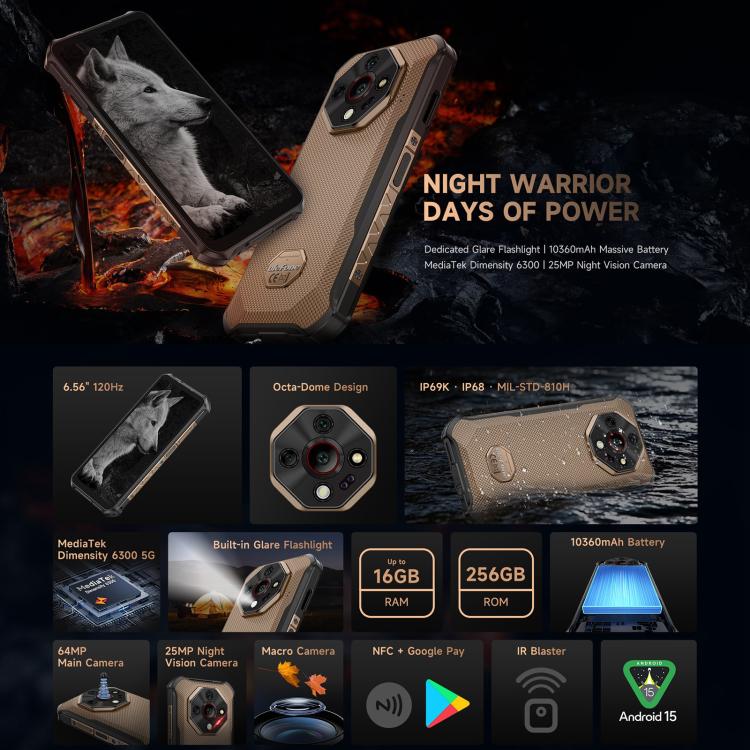 Ulefone Ulefone Armor X16 Pro, 8 GB + 256 GB, Nachtsicht, (IP68/IP69K), 6,56 Zoll, Android 15, MediaTek Dimensity 6300 Octa-Core-Prozessor, Netzwerk: 5G, NFC, OTG