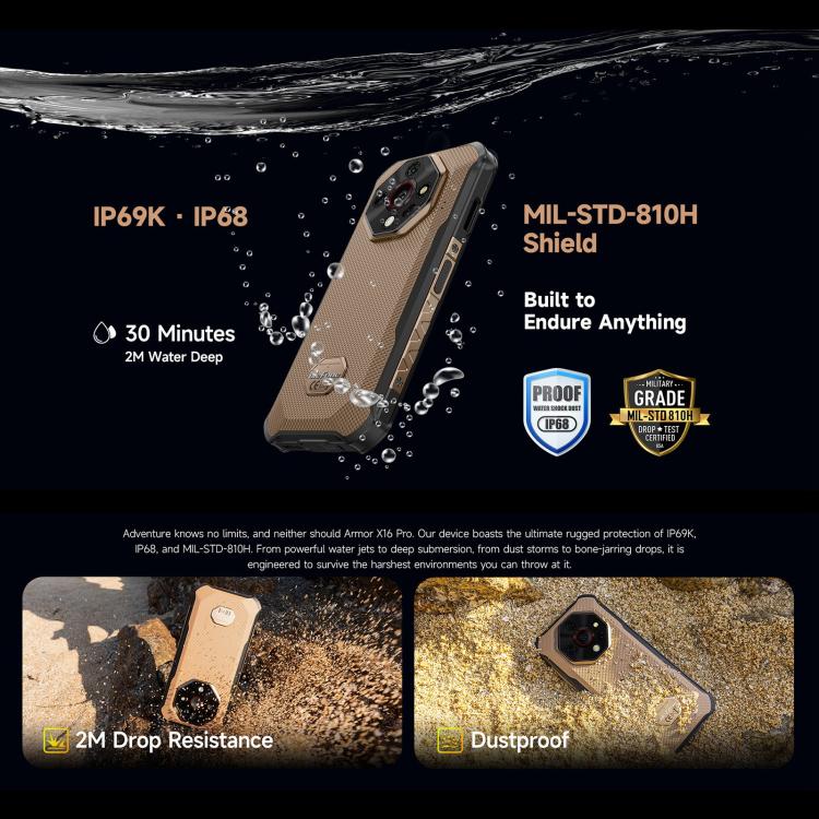 Ulefone Ulefone Armor X16 Pro, 8 GB + 256 GB, Nachtsicht, (IP68/IP69K), 6,56 Zoll, Android 15, MediaTek Dimensity 6300 Octa-Core-Prozessor, Netzwerk: 5G, NFC, OTG