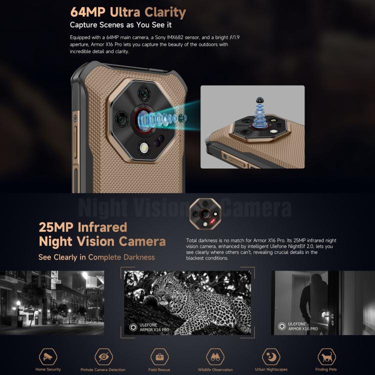 Ulefone Ulefone Armor X16 Pro, 8 GB + 256 GB, Nachtsicht, (IP68/IP69K), 6,56 Zoll, Android 15, MediaTek Dimensity 6300 Octa-Core-Prozessor, Netzwerk: 5G, NFC, OTG