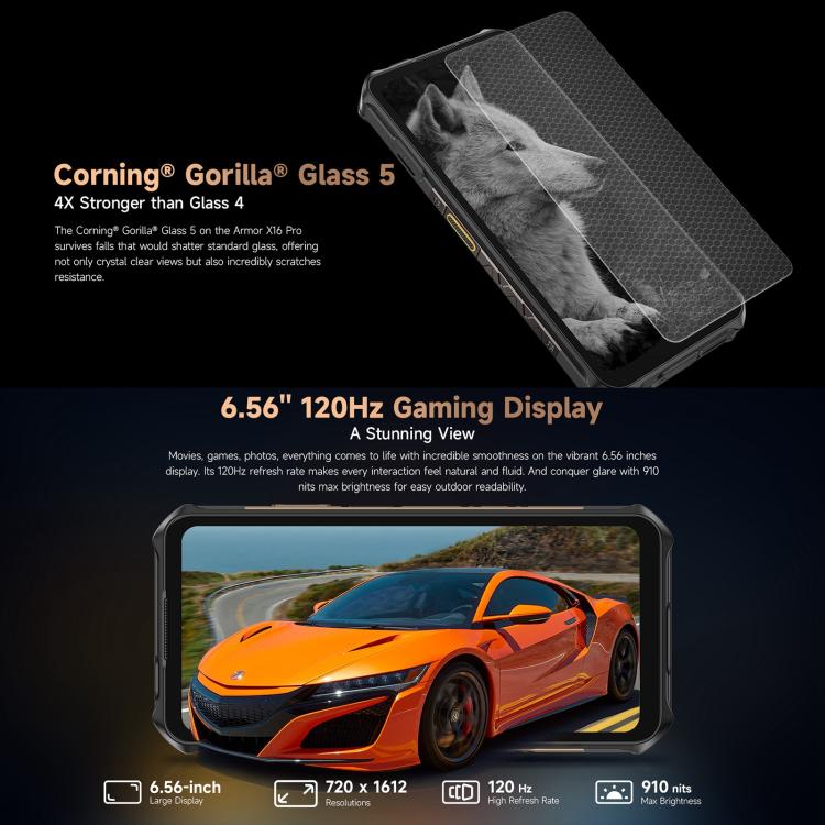 Ulefone Ulefone Armor X16 Pro, 8 GB + 256 GB, Nachtsicht, (IP68/IP69K), 6,56 Zoll, Android 15, MediaTek Dimensity 6300 Octa-Core-Prozessor, Netzwerk: 5G, NFC, OTG