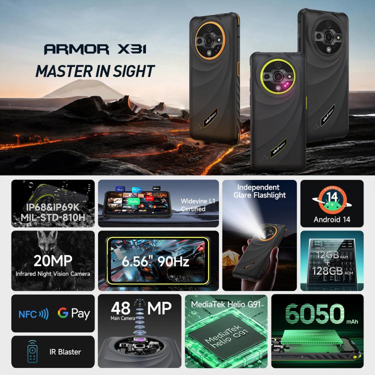 Ulefone Ulefone Armor X31, 6 GB + 128 GB, Nachtsicht, IP68/IP69K, 6,56 Zoll Android 14, 4G, NFC, OTG