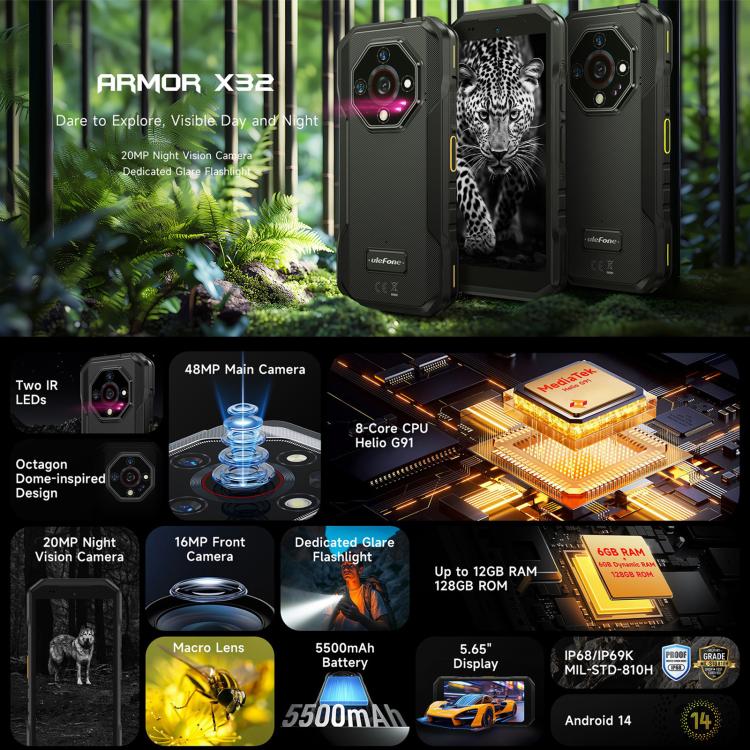 Ulefone Ulefone Armor X32, 8 GB + 128 GB, Nachtsicht, 5,65 Zoll, Android 14, Netzwerk: 4G, NFC, OTG