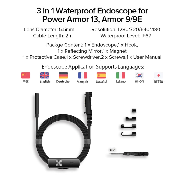 Ulefone Ulefone Endoskop E1 IP67 Wasserdichtes 3-in-1-Endoskop für Ulefone Power Armor 13 / Armor 9/9E, uSmart E1