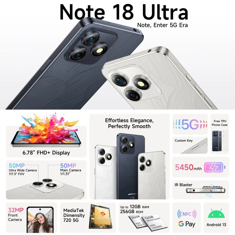 Ulefone Ulefone Note 18 Ultra, 6 GB + 256 GB, 6,78 Zoll Android 13, NFC, 5G (Titangrau)