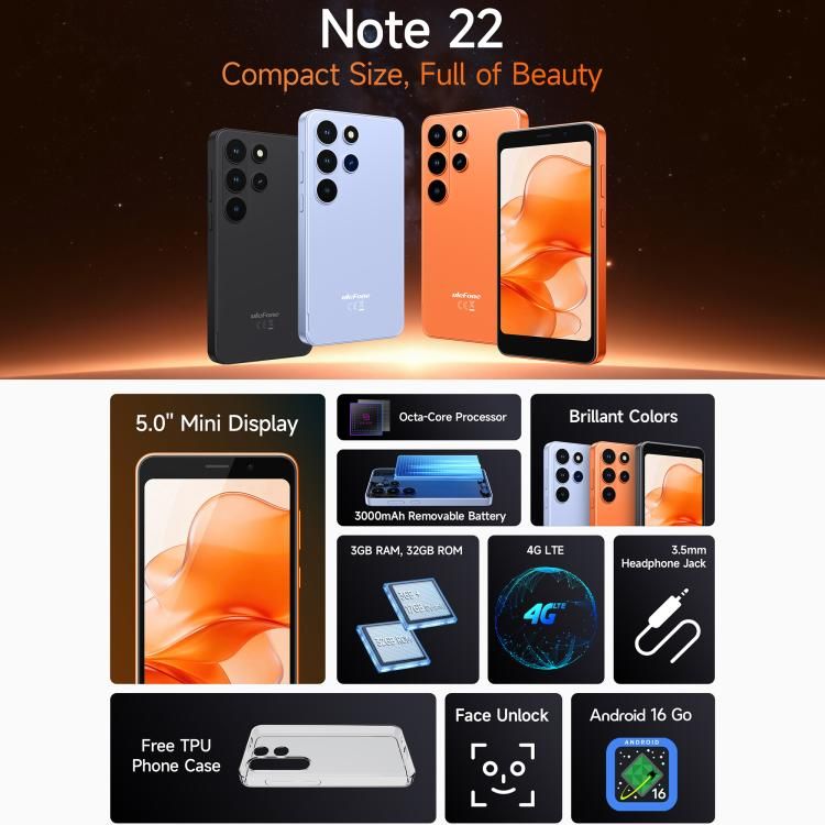 Ulefone Ulefone Note 22, 3 GB + 32 GB, 5 Zoll, Android 16 Go, Unisoc T7100 Octa-Core