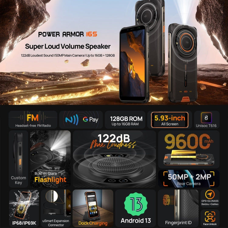 Ulefone Ulefone Power Armor 16S, 8 GB + 128 GB, 9600mAh Akku, 5,93 Zoll Android 13, 4G, NFC, OTG (Orange)