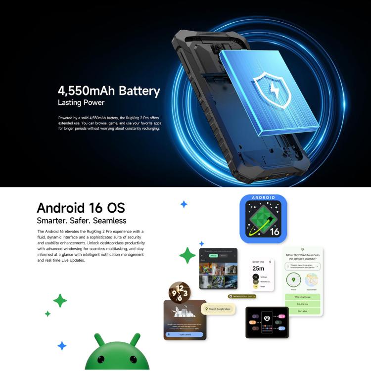 Ulefone Ulefone RugKing 2 Pro, 4 GB + 64 GB, IP68/IP69K), 5,45 Zoll, Android 16, Unisoc T7250 Octa-Core-Prozessor, Netzwerk: 4G, NFC, OTG