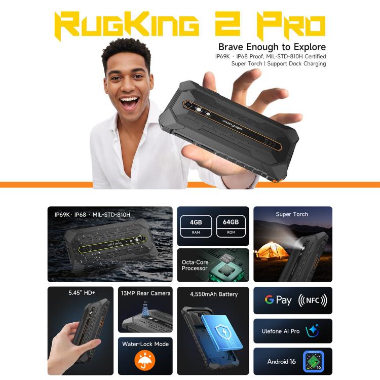 Ulefone Ulefone RugKing 2 Pro, 4 GB + 64 GB, IP68/IP69K), 5,45 Zoll, Android 16, Unisoc T7250 Octa-Core-Prozessor, Netzwerk: 4G, NFC, OTG