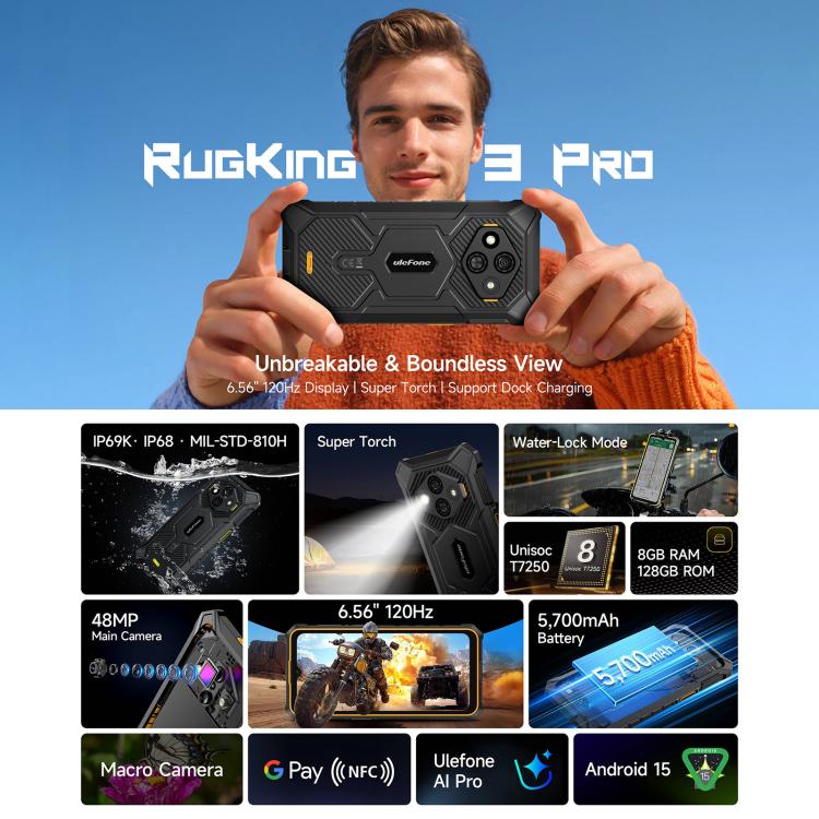 Ulefone Ulefone RugKing 3 Pro, 8 GB + 128 GB, (IP68/IP69K), 6,56 Zoll, Android 15, Unisoc T7250 Octa-Core-Prozessor, Netzwerk: 4G, NFC, OTG