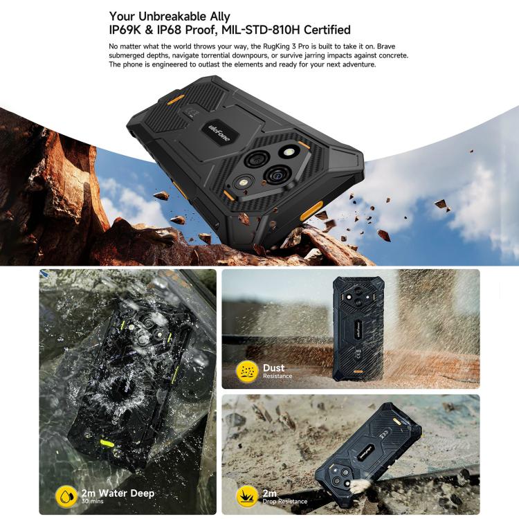Ulefone Ulefone RugKing 3 Pro, 8 GB + 128 GB, (IP68/IP69K), 6,56 Zoll, Android 15, Unisoc T7250 Octa-Core-Prozessor, Netzwerk: 4G, NFC, OTG