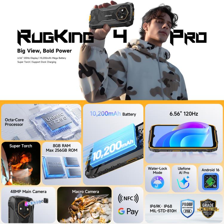 Ulefone Ulefone RugKing 4 Pro, 8 GB + 128 GB, robustes Smartphone (IP68/IP69K), 6,56 Zoll, Android 16, Unisoc T7250 Octa-Core-Prozessor, Netzwerk: 4G, NFC, OTG, RugKing 4 Pro, 8GB+128GB