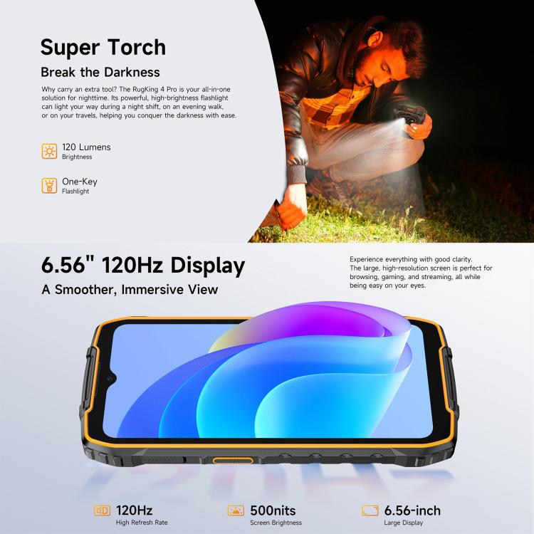 Ulefone Ulefone RugKing 4 Pro, 8 GB + 256 GB, (IP68/IP69K), 6,56 Zoll, Android 15, Unisoc T7250 Octa-Core-Prozessor, Netzwerk: 4G, NFC, OTG