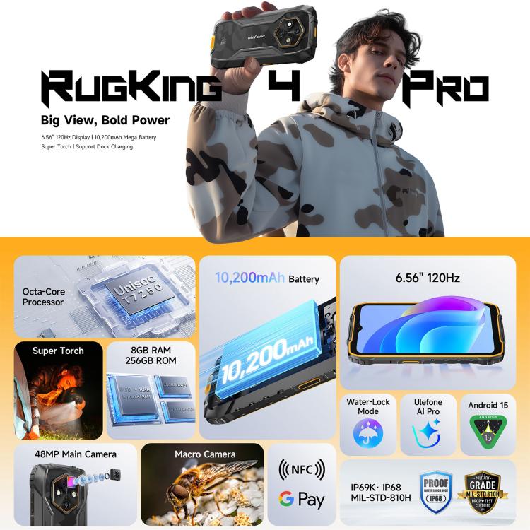 Ulefone Ulefone RugKing 4 Pro, 8 GB + 256 GB, (IP68/IP69K), 6,56 Zoll, Android 15, Unisoc T7250 Octa-Core-Prozessor, Netzwerk: 4G, NFC, OTG