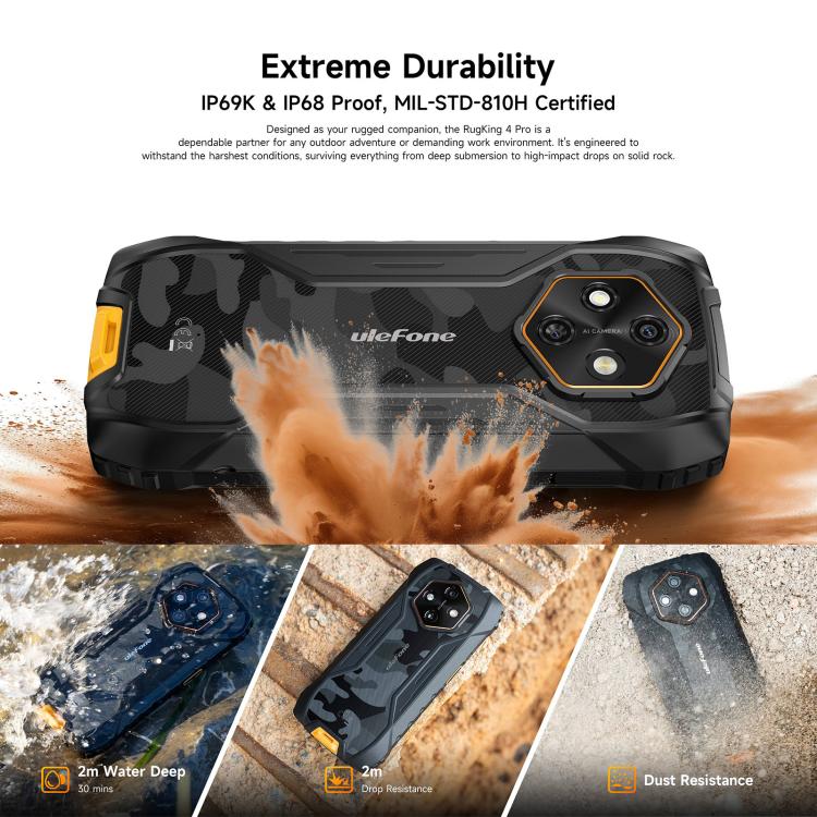 Ulefone Ulefone RugKing 4 Pro, 8 GB + 256 GB, (IP68/IP69K), 6,56 Zoll, Android 15, Unisoc T7250 Octa-Core-Prozessor, Netzwerk: 4G, NFC, OTG