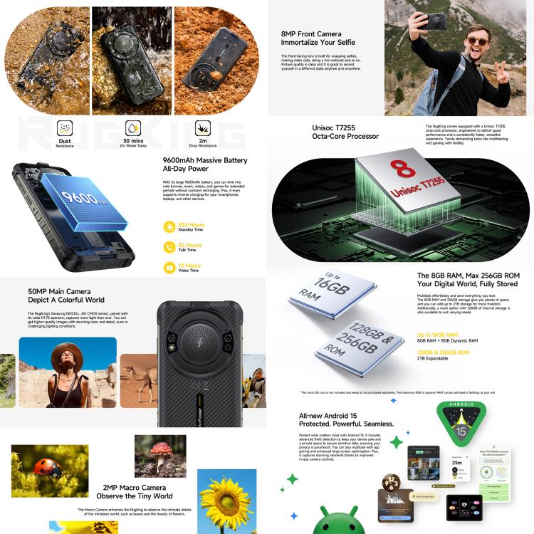 Ulefone Ulefone RugKing, 8 GB + 128 GB, (IP68/IP69K), 5,99 Zoll, Android 15, Unisoc T7255 Octa-Core-Prozessor, Netzwerk: 4G, NFC, OTG