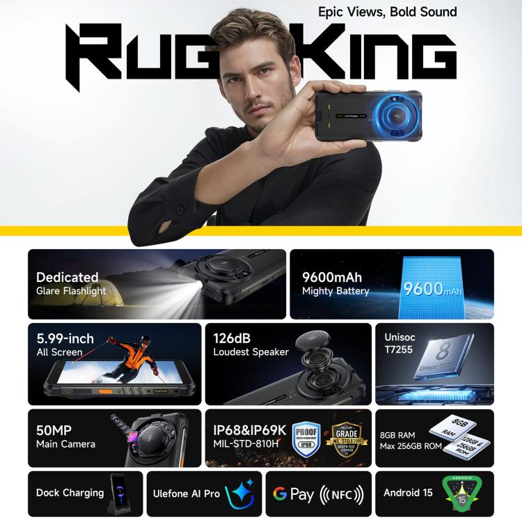 Ulefone Ulefone RugKing, 8 GB + 128 GB, (IP68/IP69K), 5,99 Zoll, Android 15, Unisoc T7255 Octa-Core-Prozessor, Netzwerk: 4G, NFC, OTG