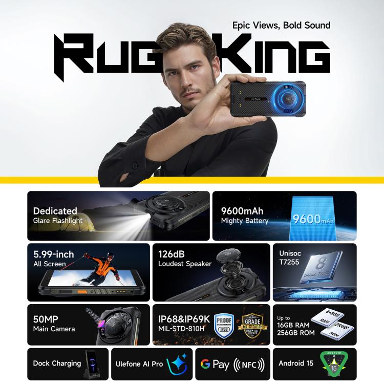 Ulefone Ulefone RugKing, 8 GB + 256 GB, (IP68/IP69K), 5,99 Zoll, Android 15, Unisoc T7255 Octa-Core-Prozessor, Netzwerk: 4G, NFC, OTG