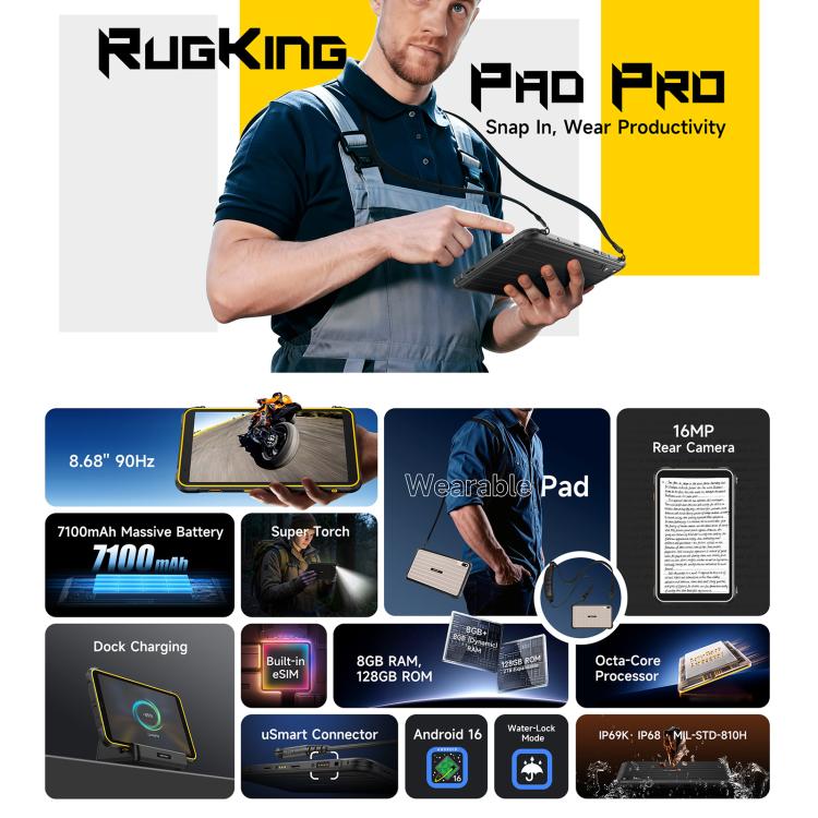 Ulefone Ulefone Rugking Pad Pro, 8 GB + 128 GB, 8,68 Zoll, Android 16, Unisoc T7250 Octa-Core-Prozessor, 4G