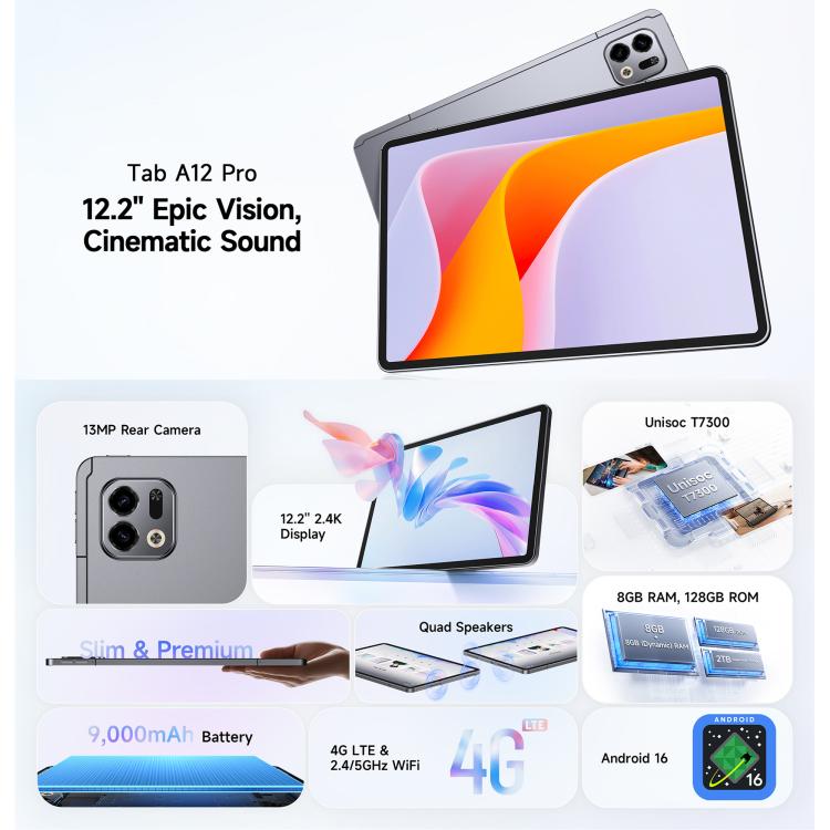 Ulefone Ulefone Tab A12 Pro, 8 GB + 128 GB, 12,2 Zoll, Android 16, Unisoc T7300 Octa-Core-Prozessor, 4G